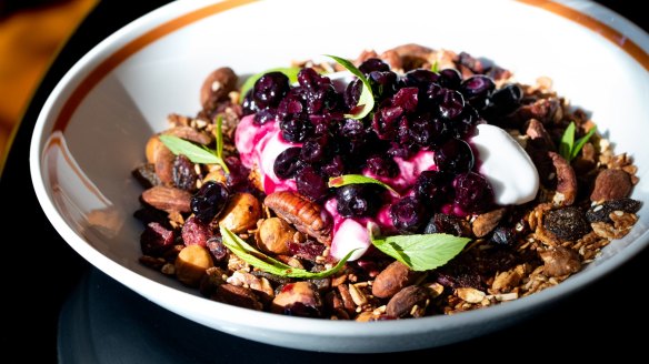 Vegan granola with coconut yoghurt, blueberry and hibiscus compote at bills in Darlinghurst.