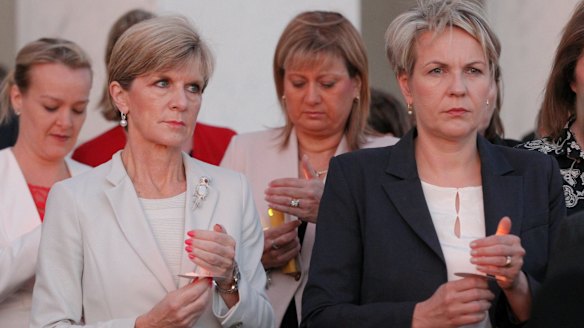 Foreign Affairs Minister Julie Bishop and Deputy Opposition Leader Tanya Plibersek during a candlelight vigil for Andrew Chan and Myuran Sukumaran in February. 