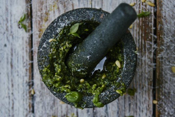 Jamie Oliver's best basil pesto with basil, parmesan and pine nuts.