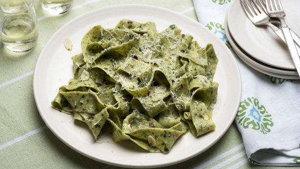 Herbed pappardelle with parsley, garlic and pepper flakes.