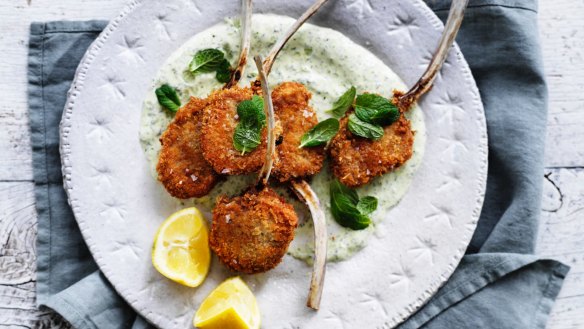 Crowd-pleasing crumbed lamb cutlets with mint yoghurt.