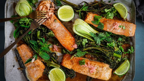 Miso-ginger salmon traybake.