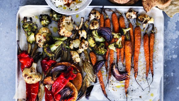 Adam Liaw's roast vegetables with flatbreads and whipped feta 