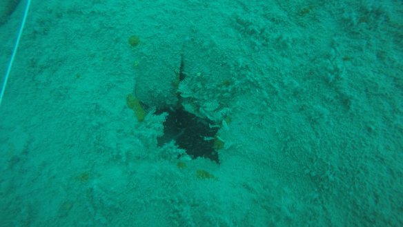A hole on the starboard side of HMAS Perth caused by shell damage during the Battle of Sunda Strait.