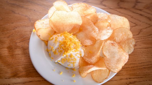 Whipped cod roe with vinegar-soused potato chips and house-cured bottarga.