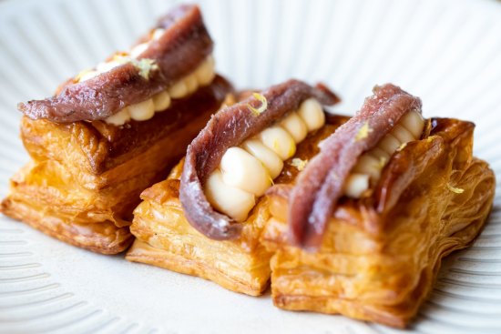 Anchovy and parmesan custard Danish pastry.