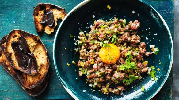 Adam Liaw's Aussie steak tartare with Vegemite toast.