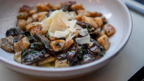 Pan-fried potato gnocchi with mushrooms.