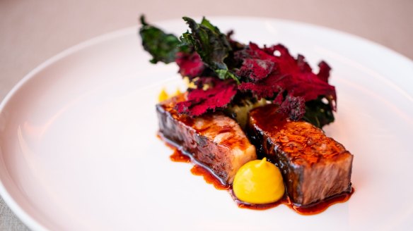 Blackmore wagyu with mustard, red kale and rye.