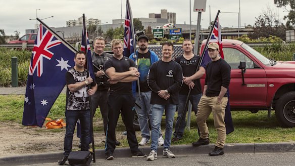 Members of the United Patriots Front, including Neil Erikson (middle), will take their anti-Islam fight to Bendigo on Saturday.  