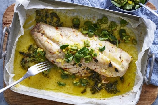 Baked fish with saffron butter, lemon and green olive salsa.