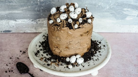 Marble chocolate layer cake decorated with candy-shelled chocolate 'bird's eggs'.