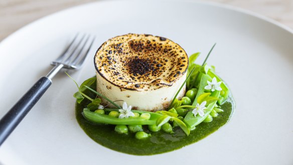 Savoury Basque cheesecake, charred greens and pea coulis. 