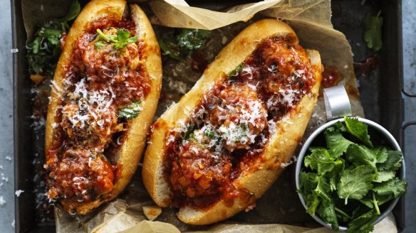 Spicy pork and spinach meatball subs.
