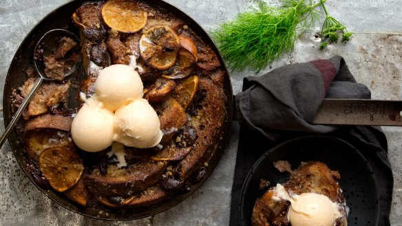 Burnt orange and chocolate bread and butter pudding (with fennel ice-cream).