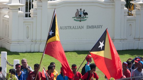 Protesters at the Australian embassy in Dili, the capital of East Timor, last year, calling for a final maritime boundary in the Timor Sea.