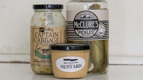 Cabbage, pickles and mustard.