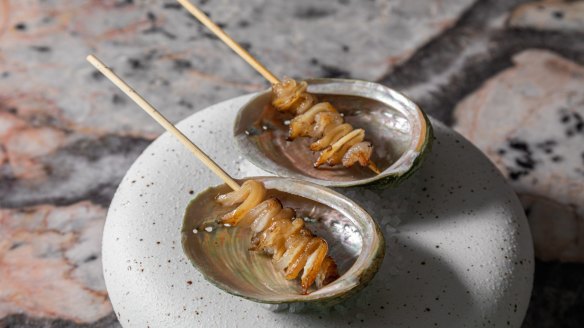 Abalone and lardo skewers.