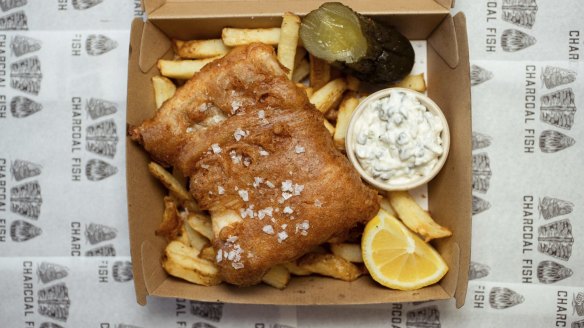 Fish, in a hyper-crisp batter, and chips.