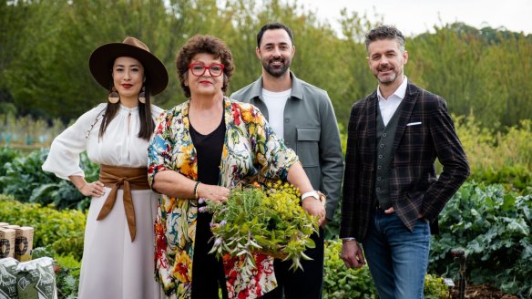 Melissa, food legend Alla Wolf Tasker, Andy and Jock put the contestants through their paces at Dairy Flat Farm in Daylesford. 