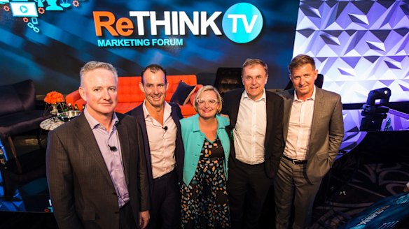 ThinkTV Conference, from left: Nine CEO Hugh Marks, Ten CEO Paul Anderson, ThinkTV CEO Kim Portrate, Foxtel CEO Peter Tonagh, and Seven CEO Tim Worner. 