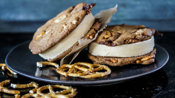 Cheat's coffee ice-cream and 'cupboard cookie' sandwiches.