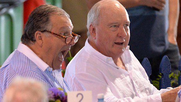  Alan Jones and John Messara share a laugh at the Magic Millions Yearling Sale Day on January 6, 2016, at the Gold Coast.