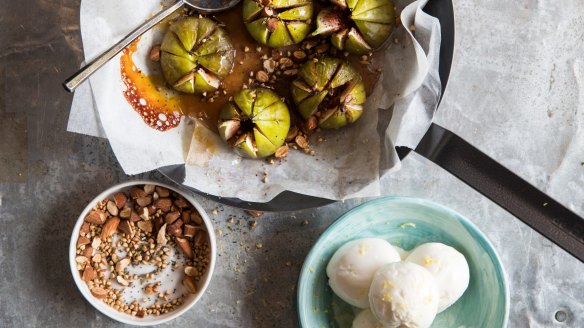 Roasted figs with yoghurt thyme ice-cream.
