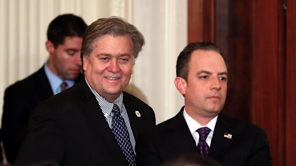Breitbart News has portrayed the fall of Michael Flynn as first blood in a war between Washington "insiders" such as Republican Party leader Reince Priebus, right, and Trump "outsiders" such as former Breitbart chief Stephen Bannon, left.