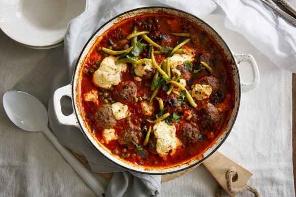 Baked Lebanese lamb meatballs with peas & labna