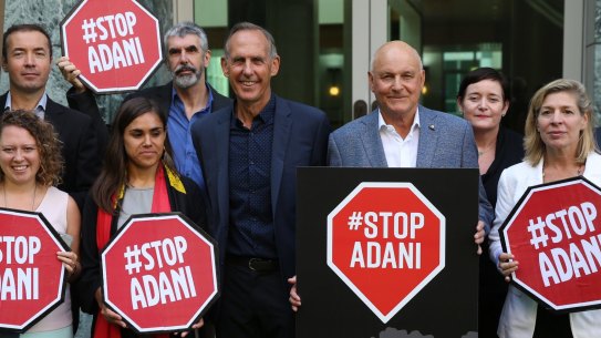 Bob Brown returned to Parliament House in Canberra with Geoff Cousins and environmental groups to protest against the Adani coal mine.