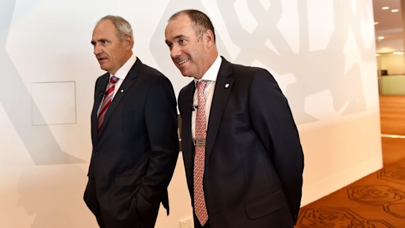 NAB chairman Ken Henry, left, and CEO Andrew Thorburn are architects of the Clydesdale demerger. 