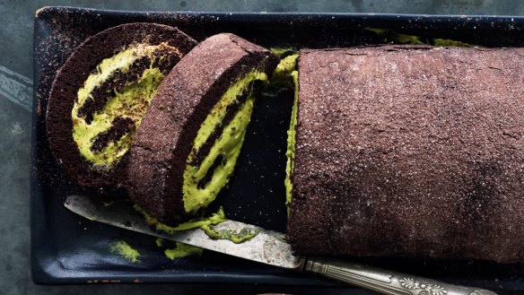 Rolled chocolate cake with green tea cream.