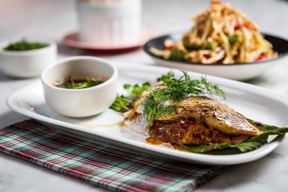 Magic Mountain Saloon's snapper sandwich with red curry, dill and ginger.