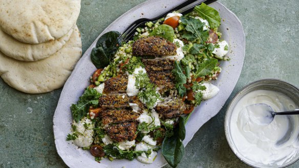 Serve this zaatar-crusted chicken salad with flatbreads for extra carbs.