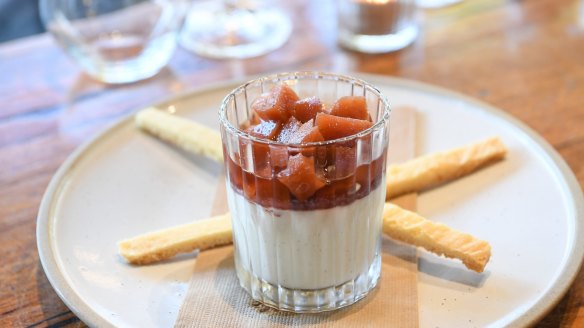 Buttermilk pudding with spiced quince and grissini-style shortbread.