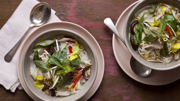 Vietnamese pho with chicken and rice noodles.