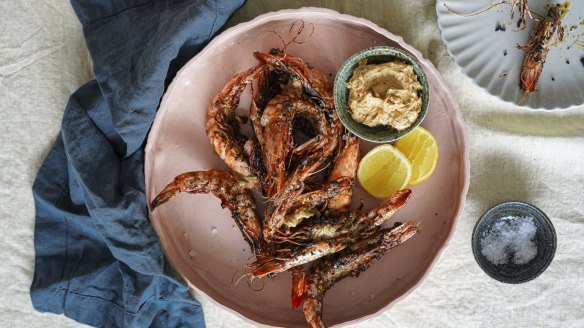 Char-grilled prawns with 'nduja butter.