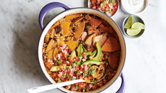 Practically cooks itself: Pumpkin and black-bean baked rice.