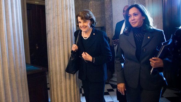 Democratic senators Dianne Feinstein, left, and Kamala Harris on Capitol Hill in January 2018. Feinstein unilaterally released a transcript of the Senate Judiciary Committee's interview with Glenn Simpson, co-founder of Fusion GPS.