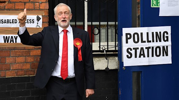 Labour Party leader Jeremy Corbyn casts his vote at a polling station at Pakeman Primary School, London, on June 8.