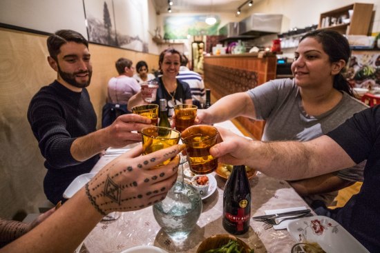 Teta Mona in Brunswick East allows diners to bring their own beer or wine to drink with their Lebanese banquets.