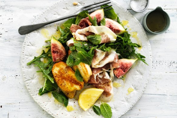 A warm salad of halloumi, prosciutto and figs.
 