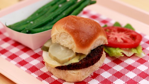 The shop-only veg supreme burger with steamed green beans.