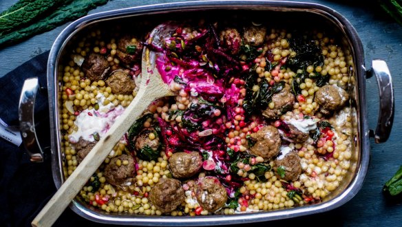 Middle Eastern meatballs with giant cous cous, yoghurt and beetroot.