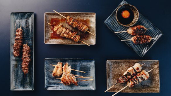 Assorted yakitori and kushikyaki at Robata, which customers can now order to grill over coals at home.