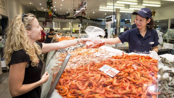 Shopping for prawns at Sydney Fish Market.