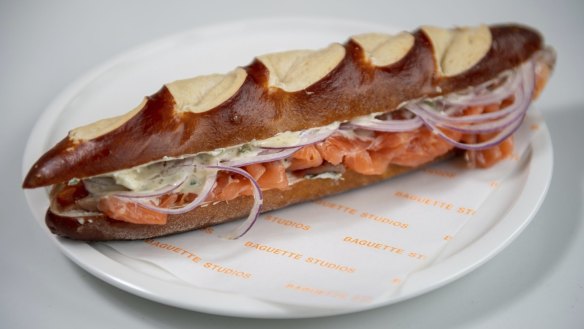 Hey pretzel! Smoked salmon pretzel baguette.