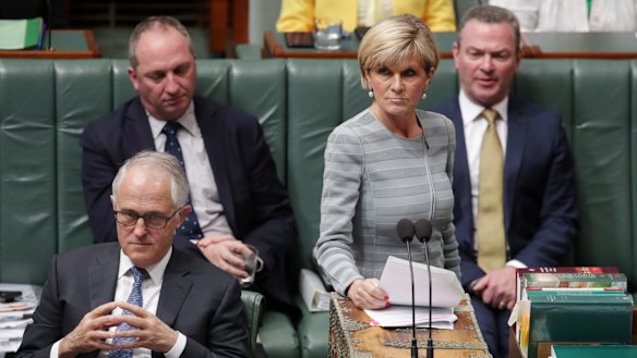 Acting Deputy Minister Julie Bishop with Prime Minister Malcolm Turnbull, former deputy prime Minister Barnaby Joyce and minister Christopher Pyne during question time earlier this year.