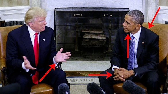 US President Barack Obama, right, listens as US President-elect Donald Trump speaks during a news conference in the Oval Office of the White House.